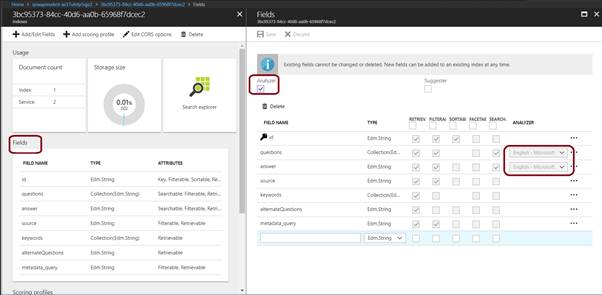 Azure portal presenting Azure search resource blade with language Analyzer